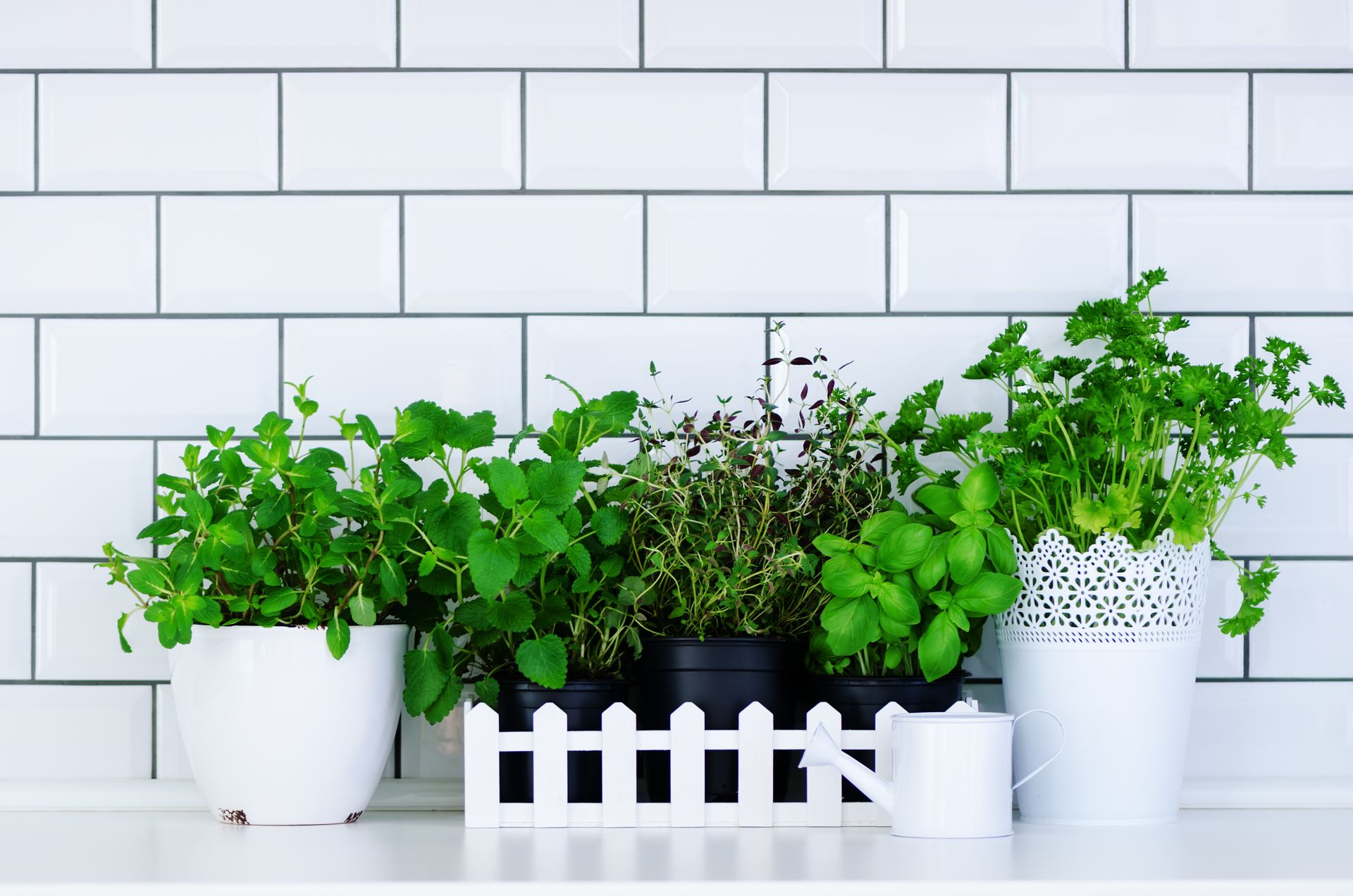 Minimalist kitchen design. Mint, thyme, basil, parsley - aromatic kitchen herbs in white wooden crate on kitchen table, brick tile background. Lifestyle concept. Copyspace.